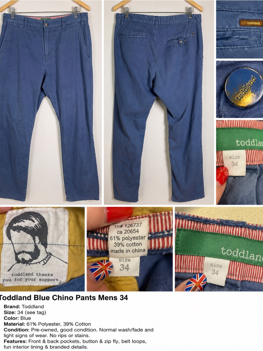 Toddland Blue Mens Chino Pants Size 34